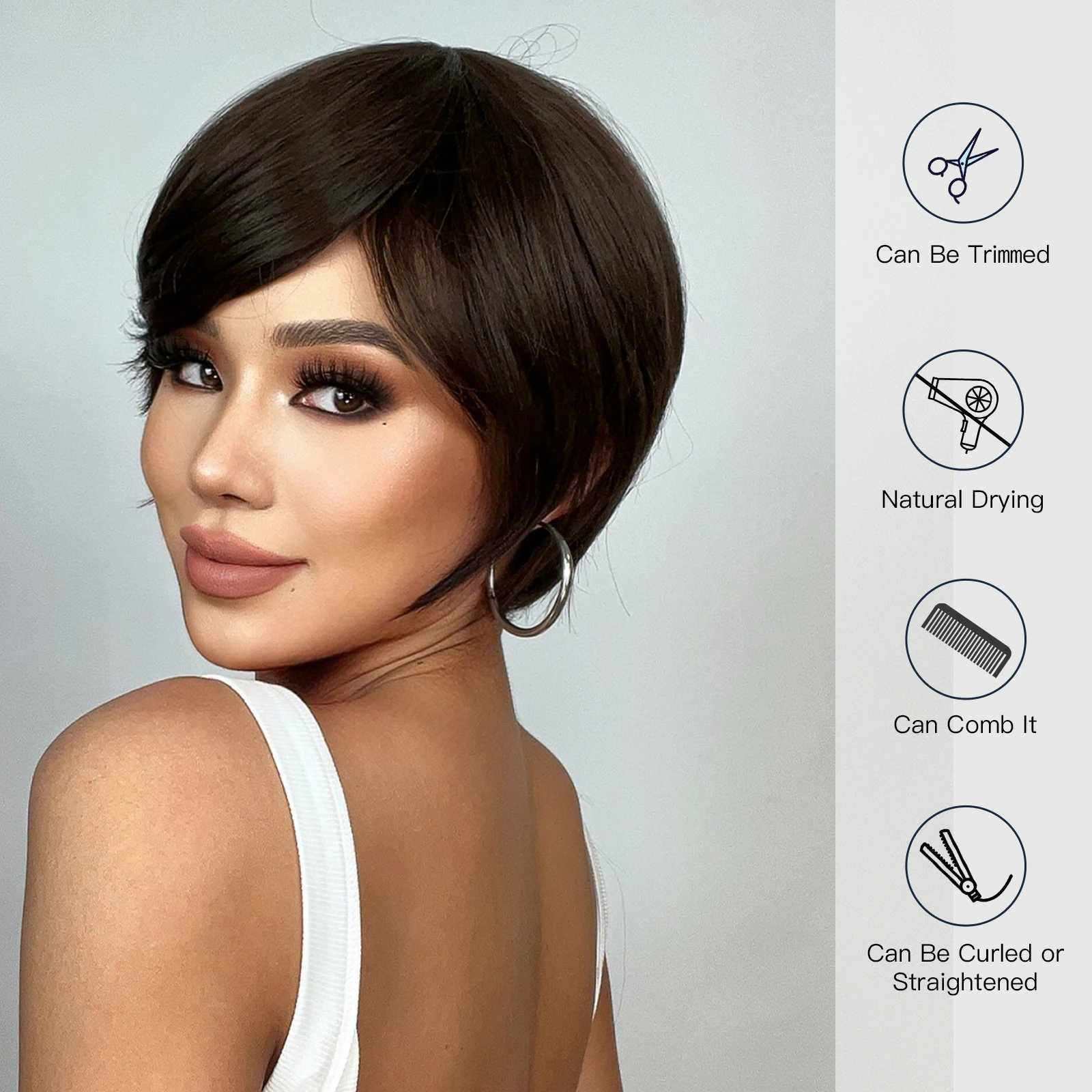 Synthetic Wigs Cosplay Wigs Short Straight Dark Brown Wig Synthetic Pixie Cut Daily Wig with Bangs for Black Women Heat Resistant Fibre Cosplay Natural Hair 240327