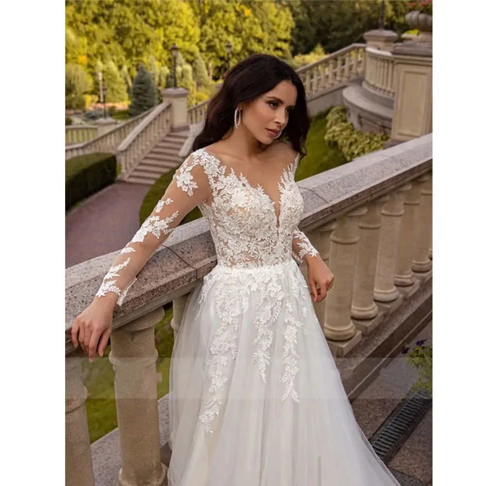 Robes de mariée en dentelle grande taille avec des appliques sexy, col en V, manches longues, robes de mariée élégantes en tulle, ligne A, train de balayage, maternité Boho, robes de mariée YD