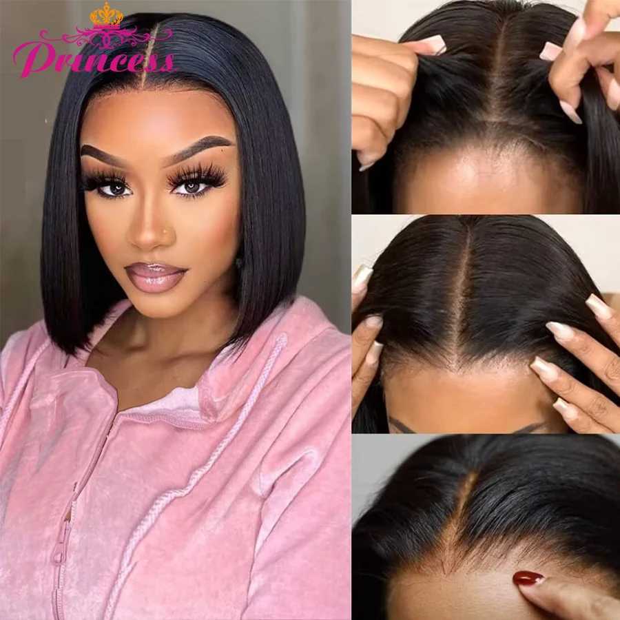 Syntetiska peruker Princess Hår Glueless peruk Mänskligt hår Redo att bära 13x4 Kort bob peruk Spets Front Human Hair Wigs Pre Plucked Straight Wig 240329