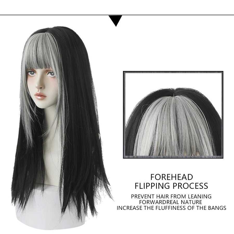 Synthetic Wigs Lace Wigs 7JHH WIGS Highlighted Grey Black Kinky Straight Synthetic Wigs With Fluffy Bangs For Women Daily Wear Toupee Heat-Resistant Hair 240327