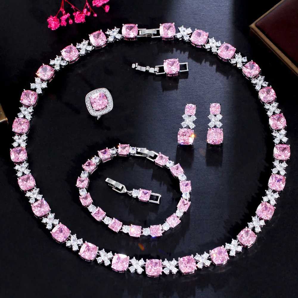 Bangle ThreeGraces Luxury Pink Zirconia Stone Wedding Halsband Bröllopörhängen Armband Ring Brudtärsmycken Set Tz752 240319