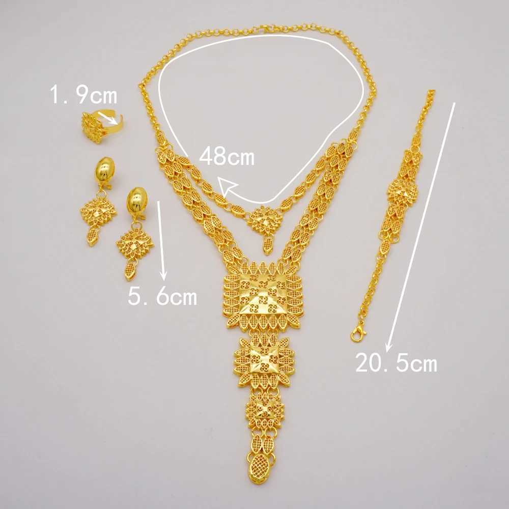 Bangle Dubai Gold Color Jewelry Set For Nigerian Style Wedding Woman African Long Necklace With Earrings Chain Bracelet Ring Jewelry Set 240319