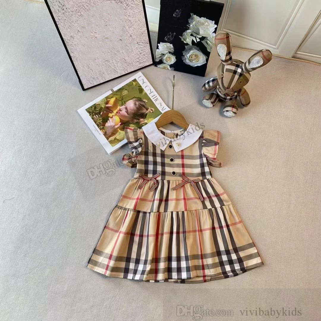 Ins Summer Girls Bow Plaid Dresses Children Doll Lapel Flufl Sleeve Lattice Dress Preppy Style Kids CottenDesigner ClothesS1228