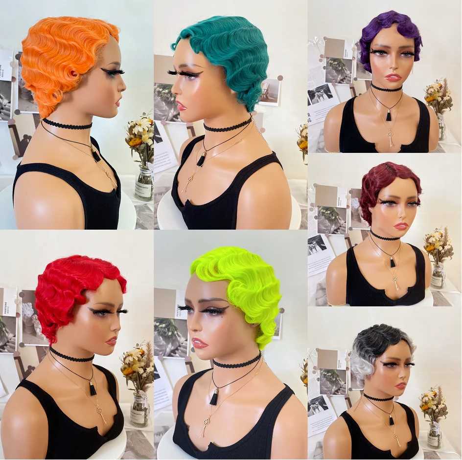 Parrucche sintetiche Parrucche cosplay WIGERA Parrucca verde fluorescente con onda delle dita Parrucche sintetiche di colore corte e ricci le donne Nuna Anni '20 Cosplay Festa di Halloween Uso quotidiano 240327