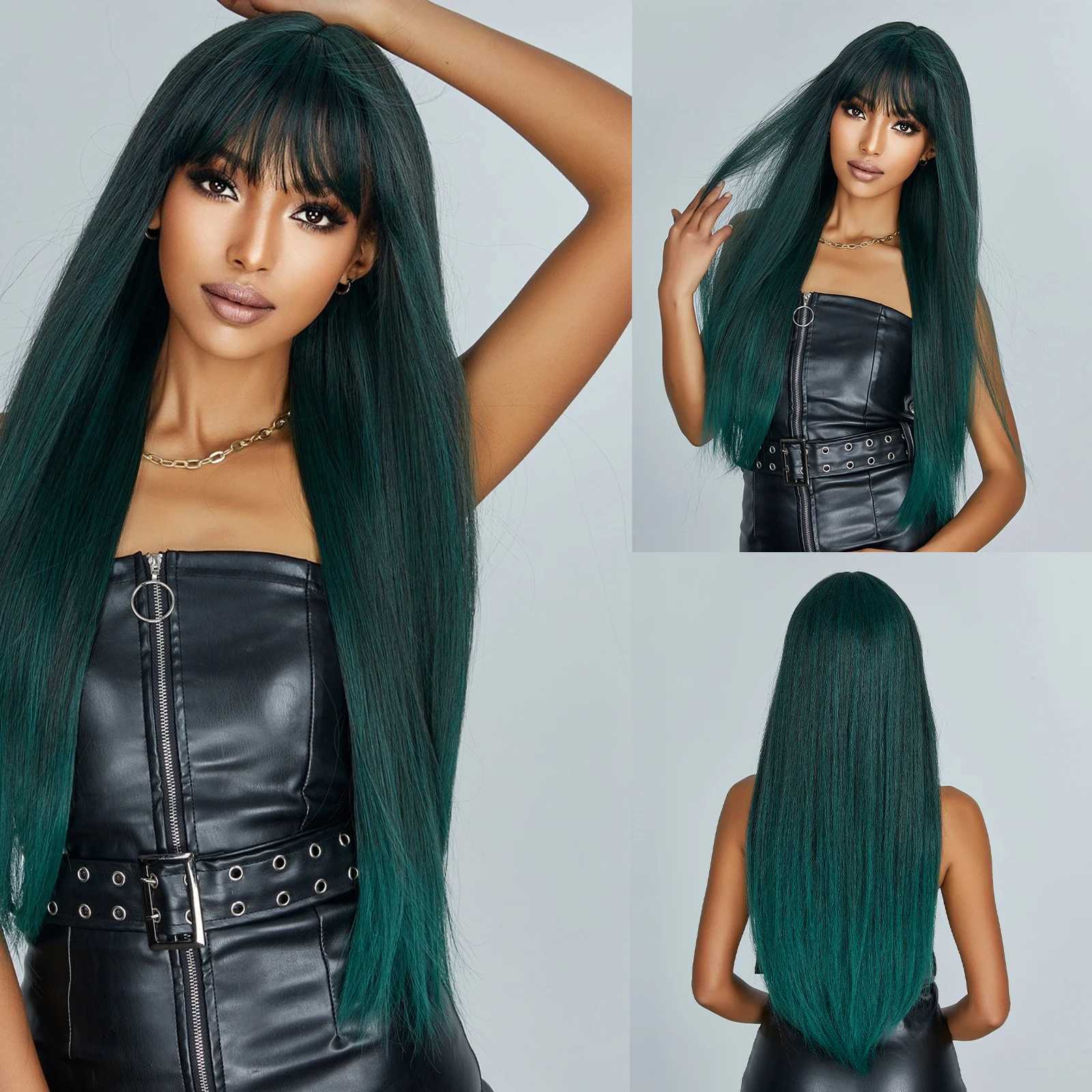 Perruques synthétiques Perruques droites et soyeuses longues perruque synthétique vert noirâtre avec frange pour les femmes fête Halloween Cosplay Costume cheveux résistant à la chaleur 240328 240327