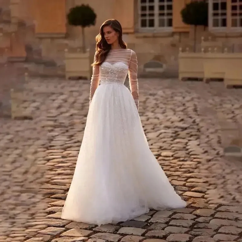 en 1 robes de mariée en tulle à paillettes brillantes avec cape amovible enveloppements manches longues romantique une ligne robes de mariée boho longueur au sol robes de réception pour la mariée YD