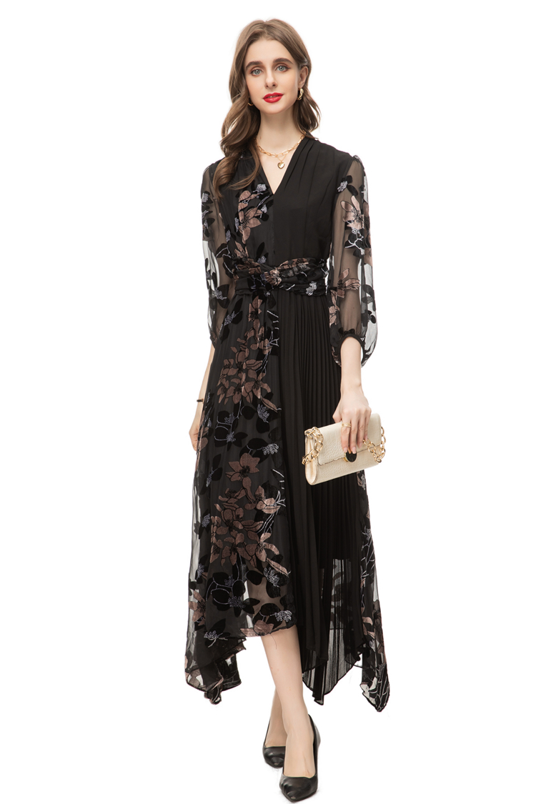 Damskie sukienki na pasie startowe V Długie rękawy drukowane kwiatowe plisowane patchwork asymetryczny elegancki designerski vestidos