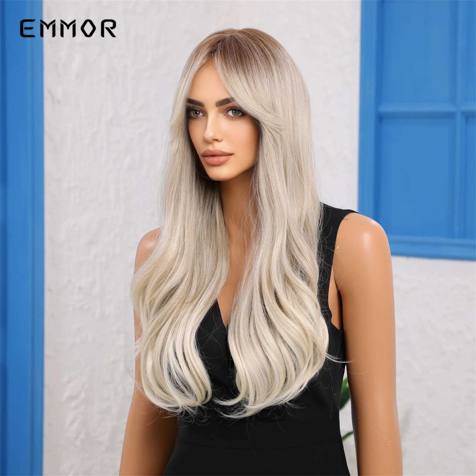 Parrucche sintetiche Parrucche in pizzo Emmor Ombre Parrucca capelli biondi Parrucche sintetiche lunghe ondulate con frangia donne Cosplay Fibra naturale ad alta temperatura 240328 240327