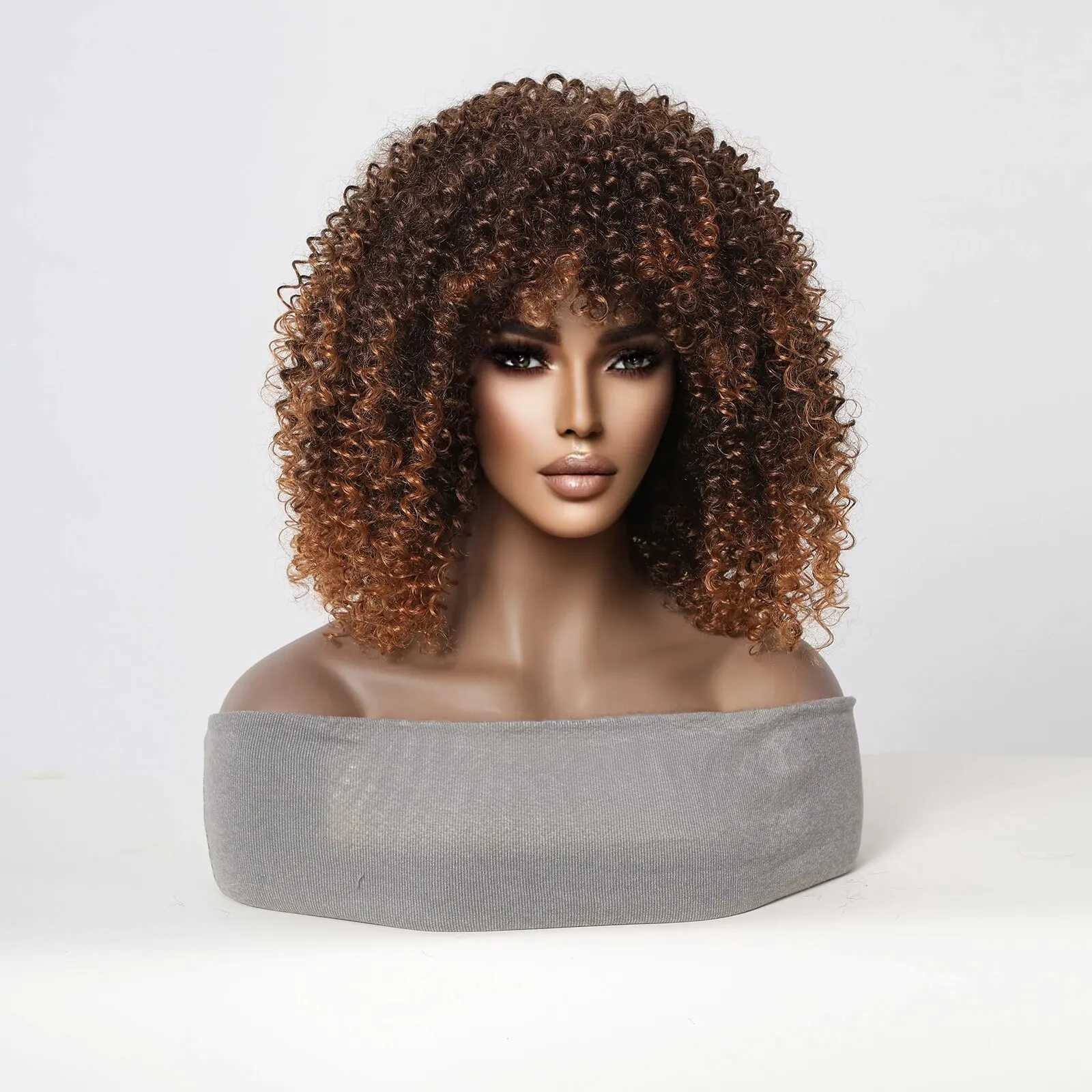 Synthetic Wigs Bounce Curly Synthetic Wigs With Bangs Dark Brown Ombre Afro Kinky Short Wigs for Women Daily Wig Use Heat Resistant Female 240329