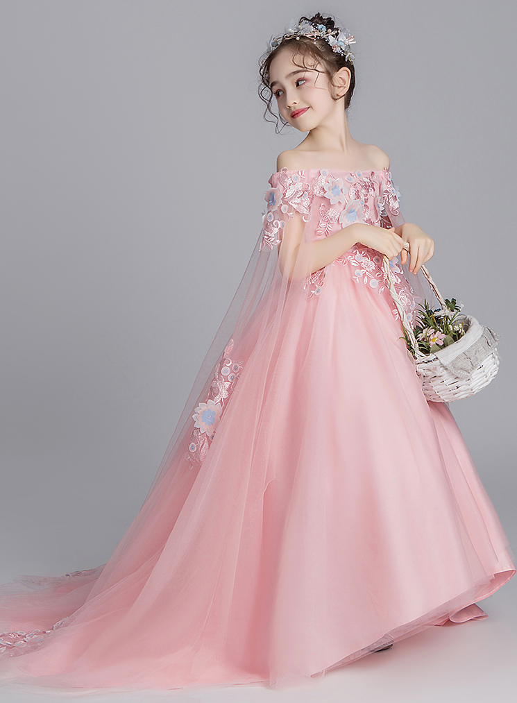 Onirique rose Tulle hors épaule Applique robe de fille de fleur robes de reconstitution historique de fille robes de fête/anniversaire jupe de fille personnalisé SZ 2-12 D319029