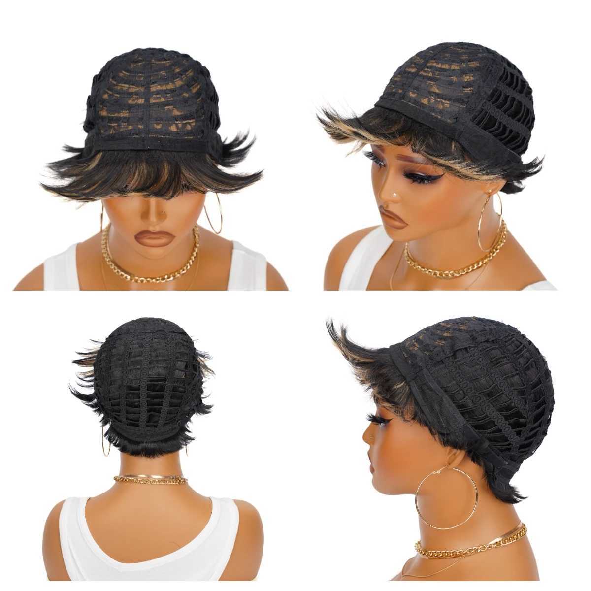 Synthetische Perücken, Cosplay-Perücken, kurz, gerade, Ombre, Schwarz, Hellblond, Honiggold, Highlight, synthetisches Pixie-Schnitt-Haar, Bob-Perücke, günstige Perücken für schwarze Frauen, 240329