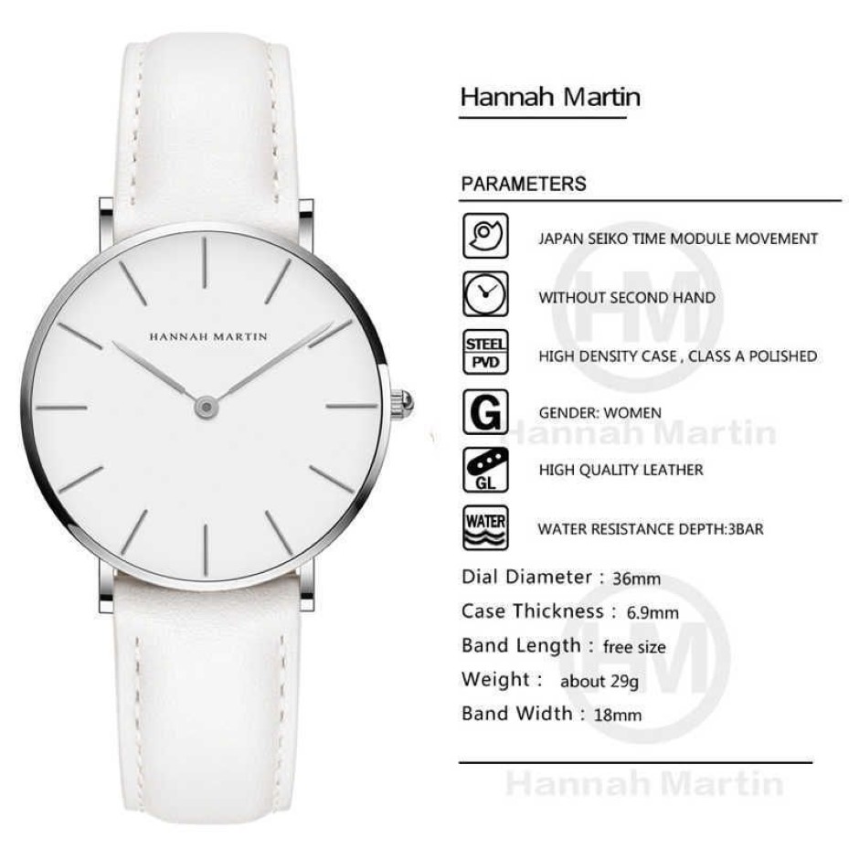 Hannah Martin Orologio da donna casual con cinturino in pelle Orologi da donna impermeabili Orologio da polso al quarzo argento Relogio Feminino bianco 210219E