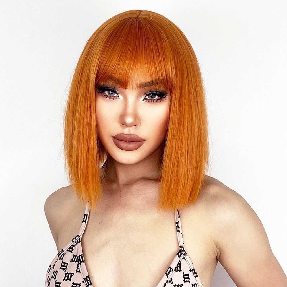 Synthetic Wigs Short Straight Orange Wig With Bangs Synthetic Fiber Wig African American White Female Cosplay/Party/Daily Wig 240329