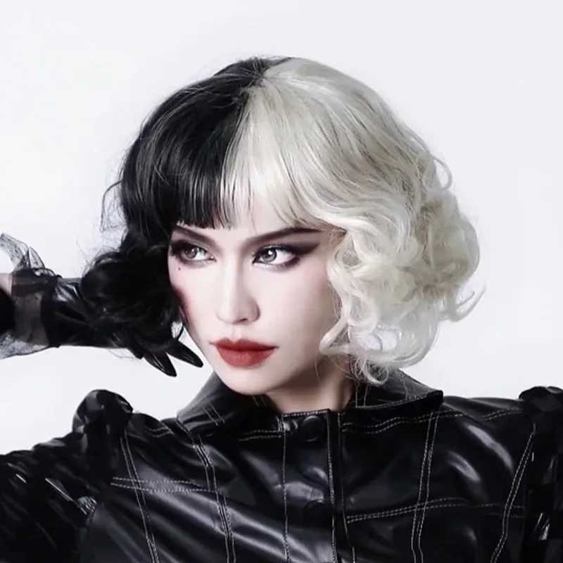 Synthetic Wigs Lace Wigs Wig woman Cruella dress up black and white small curly short curly synthetic high temperature silk full head cover 240329