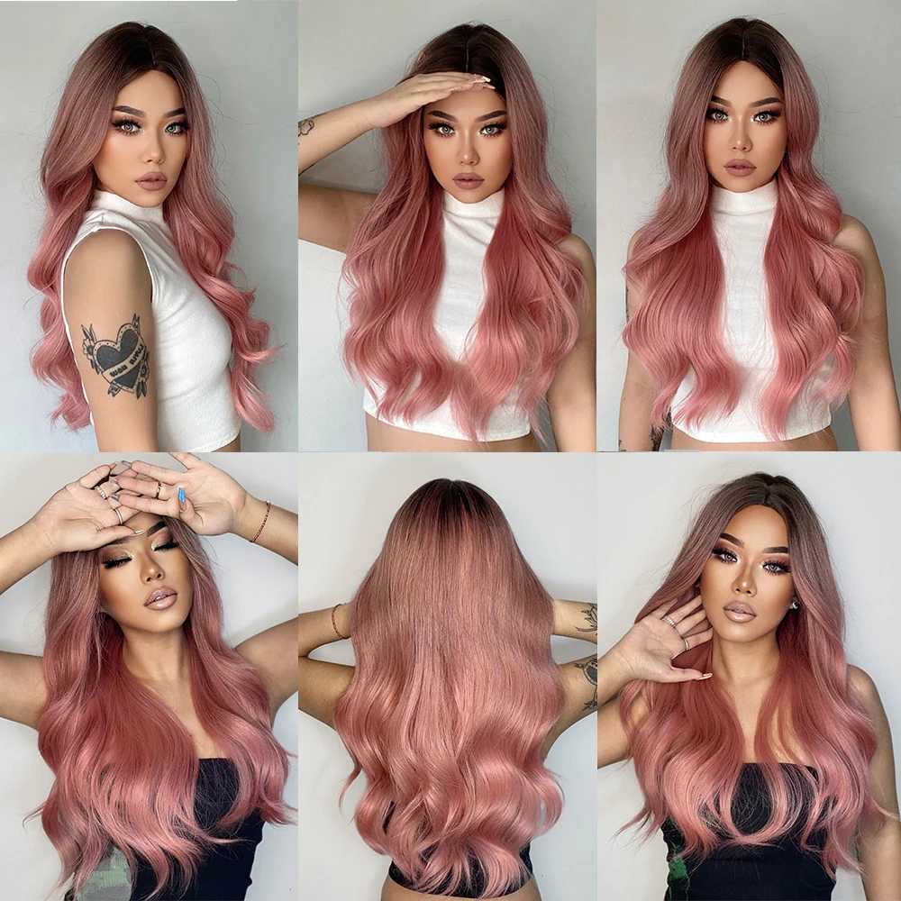 Синтетические парики косплей парики Easihair Long Ombre Pink Synthetic Wigs для женщин Средняя часть волнистые парики для косплее