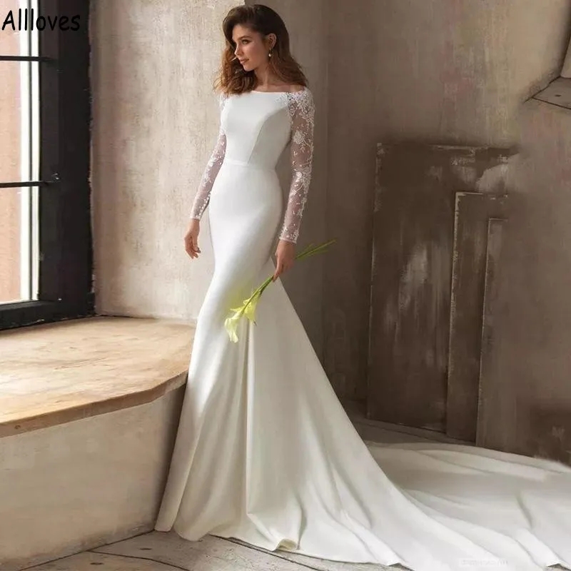 Slim and Flare Designer Mermaid Wedding Dresses With Long Sleeves White Elegant Satin Lace Boho Bridal Gowns Court Train Sexy Backless Bride Robes de Mariee YD