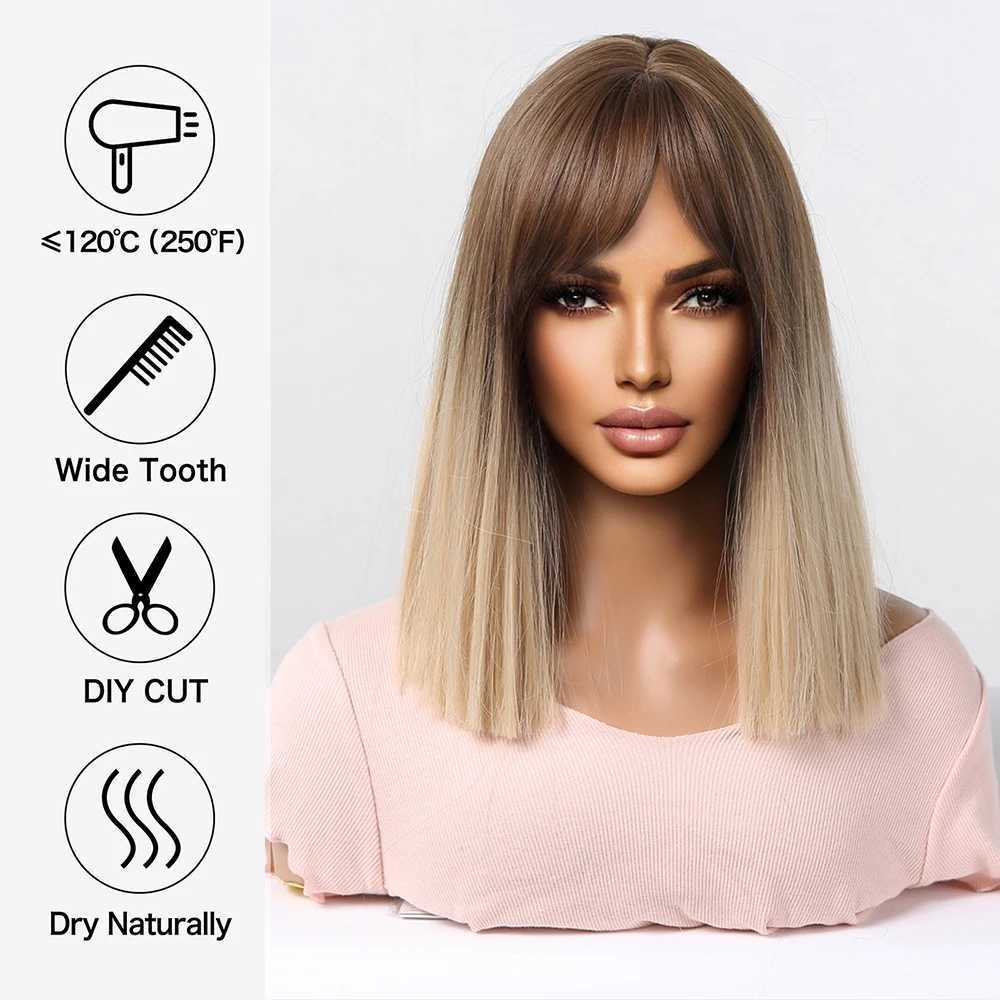 Synthetic Wigs Short Straight Ombre Synthetic Wigs Light Brown Golden Bob Wigs with Bangs for Women Daily Cosplay Party Natural Heat Resistant 240328 240327