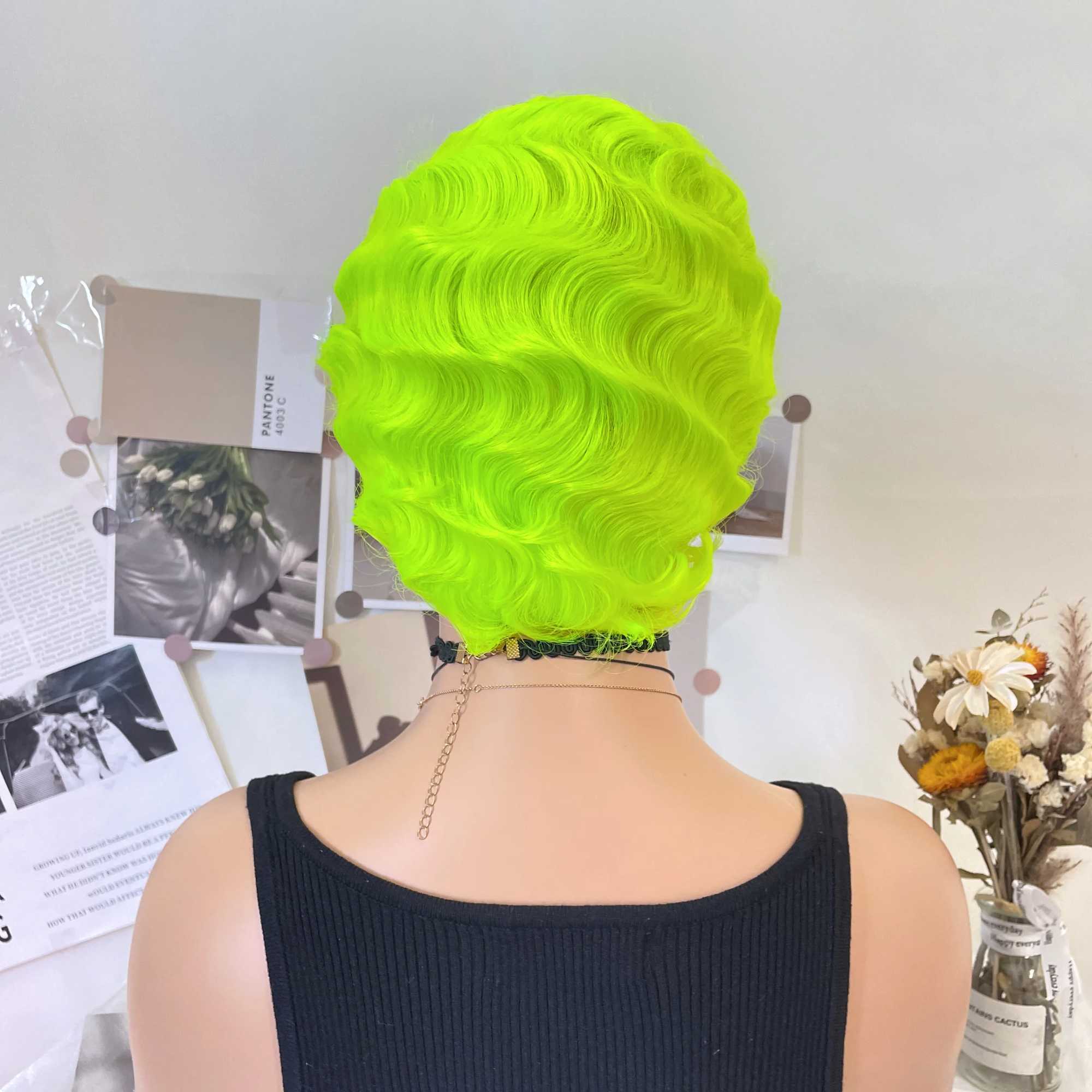 Parrucche sintetiche Parrucche cosplay WIGERA Parrucca verde fluorescente con onda delle dita Parrucche sintetiche di colore corte e ricci le donne Nuna Anni '20 Cosplay Festa di Halloween Uso quotidiano 240327