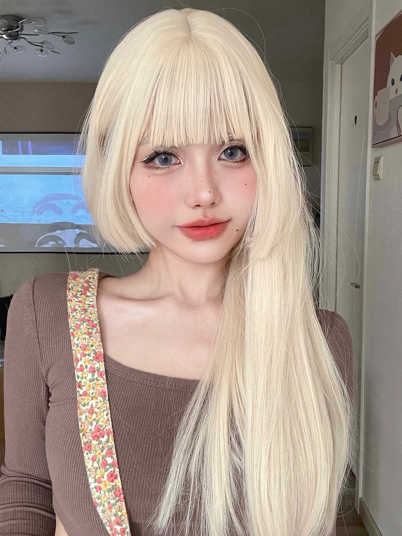 Synthetic Wigs 26Inch Blonde Platinum Golden Synthetic Wigs With Bang Long Natural Straight Hair Wig for Women Hime Cut Cosplay Heat Resistant 240329