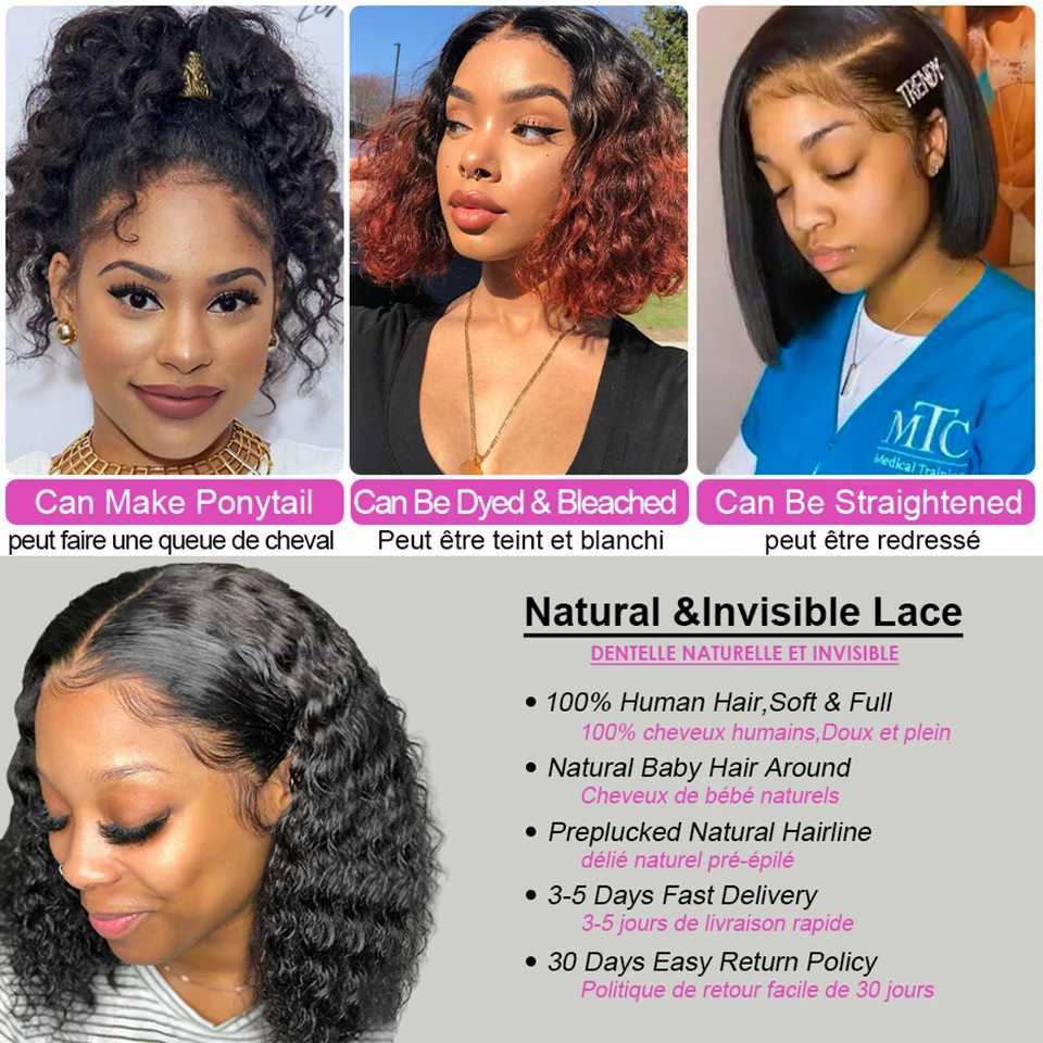 Synthetic Wigs Synthetic Wigs Brazilian Deep Wave Frontal Wig Transparent 13x4 Lace Front Human Hair Wigs for Women Deep Curly Short Bob Wig Pre Plucked 180% 240327