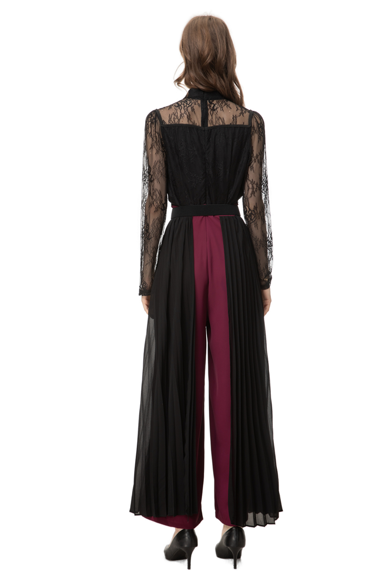 Women's Runway Jumpsuits& Rompers Stand Collar Lace Long Sleeves Pleated Ruffles Patchwork Elegant Maxi wide Pants