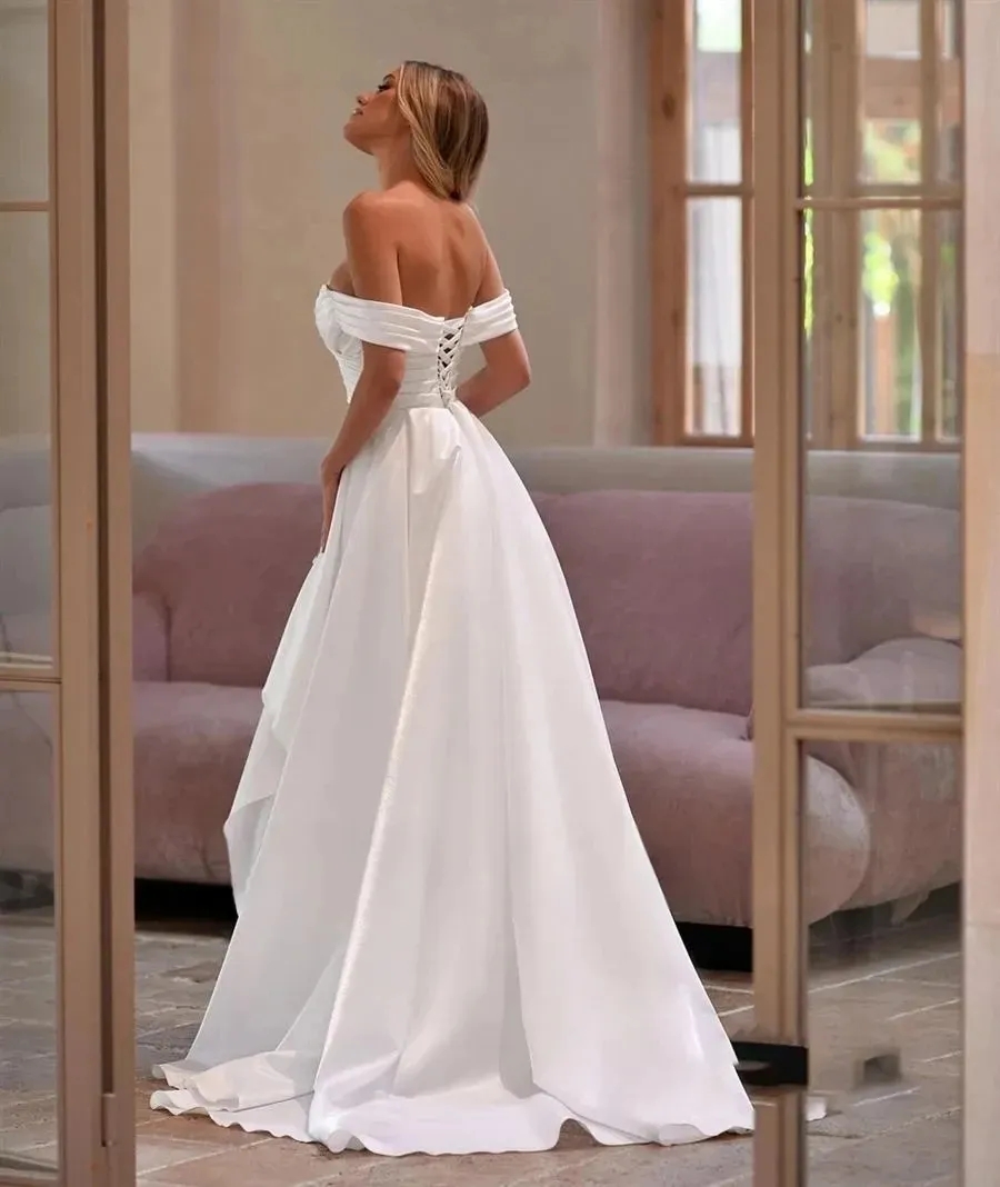 Sexy hors de l'épaule robes de mariée sirène avec train détachable moderne blanc satin plissé robes de mariée cuisse fendue mariée robes de mariée YD