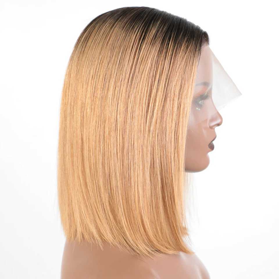 Синтетические парики Lekker Ombre Gold Blonde Короткие прямые бобы 13x6x1 Парики из натуральных волос на шнуровке для женщин Бесклеевой бразильский цветной парик Remy 240329