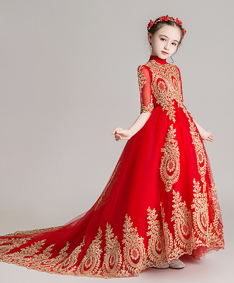 Bright Red Tulle Sleeves Applique Flower Girl Dress Girl's Pageant Dresses Party/Birthday Dresses Girl's Skirt Custom SZ 2-12 D319050
