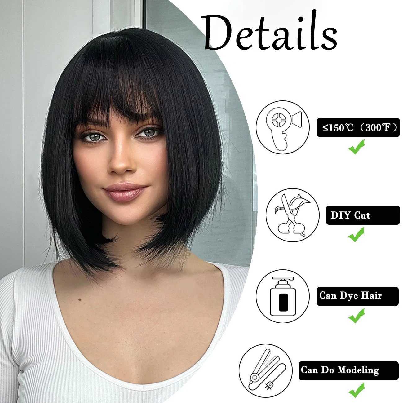 Synthetic Wigs Lace Wigs 30.48cm Black Bangs Natural Short Straight Wig Women Shoulder Length Synthetic Suitable for Daily Cosplay Halloween Party Use 240329