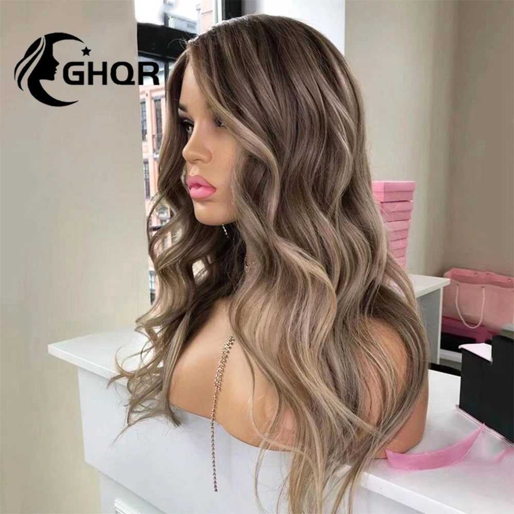 Perucas sintéticas Destaque Cabelo Humano Lace Frontal Peruca Marrom Cinza Loira Full Lace Peruca de Cabelo Humano Onda Natural HD Renda Transparente Branqueada Sabe 240328 240327