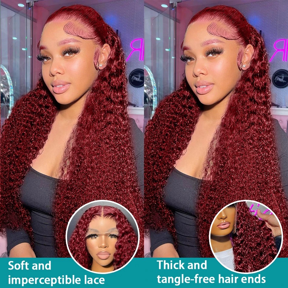 250 Density 30 40 Inch 99J Burgundy Deep Wave 13x4 Lace Front Human Hair Wig 13x6 Lace Frontal Red Curly Wigs Remy for Women