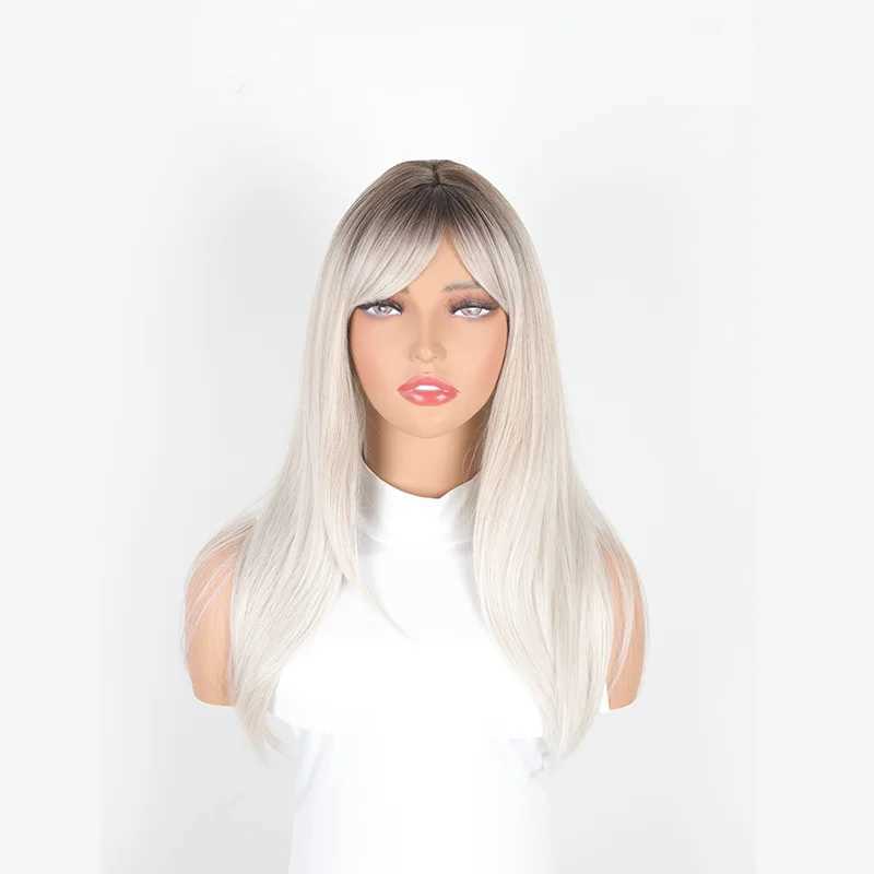 Perucas sintéticas nova peruca para mulheres com franja diária em linha reta longo cabelo cinza gradiente peruca conjunto moda peruca de alta temperatura peruca sintética de seda 240329