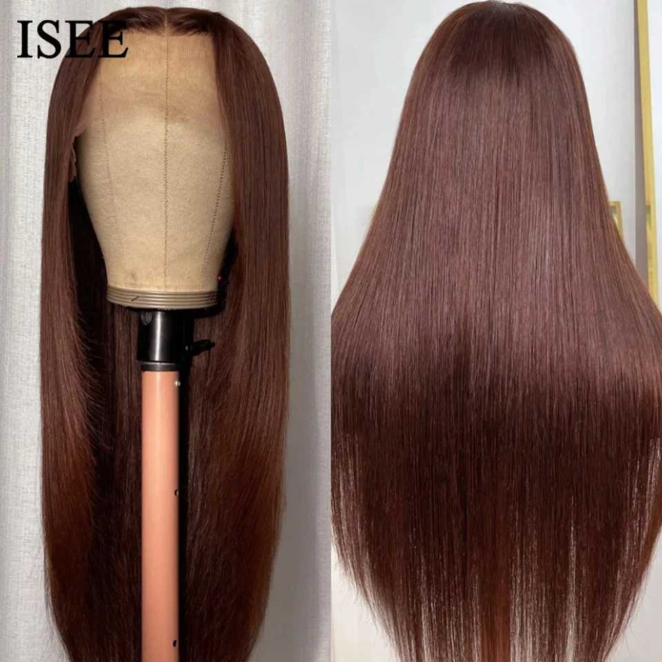 Perruques synthétiques ISEE cheveux perruques colorées chocolat brun dentelle avant perruque malaisienne droite transparente dentelle frontale perruque cheveux humains 4x4 fermeture perruque 240328 240327