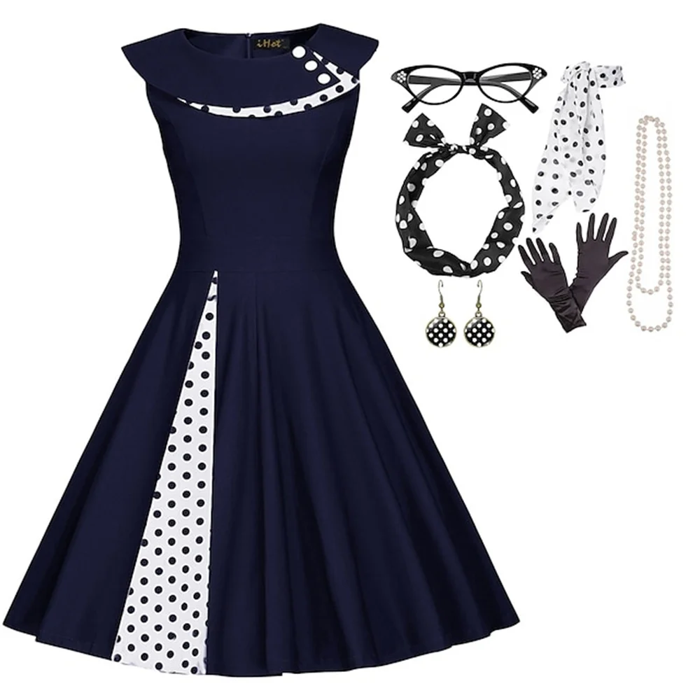 Jaren '50 Outfit Flare Jurk 's Jaren 1950 Audrey Hepburn Accessoires Set Retro Vintage Swing Jurk Dames Feest Datum Festiva