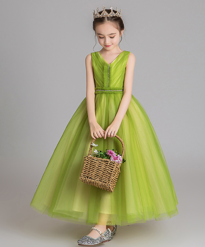 Sobriety Green Tulle V-Neck Beads Flower Girl Dress Girl's Pageant Dresses Party/Birthday Dresses Girl's Skirt Custom SZ 2-12 D319036