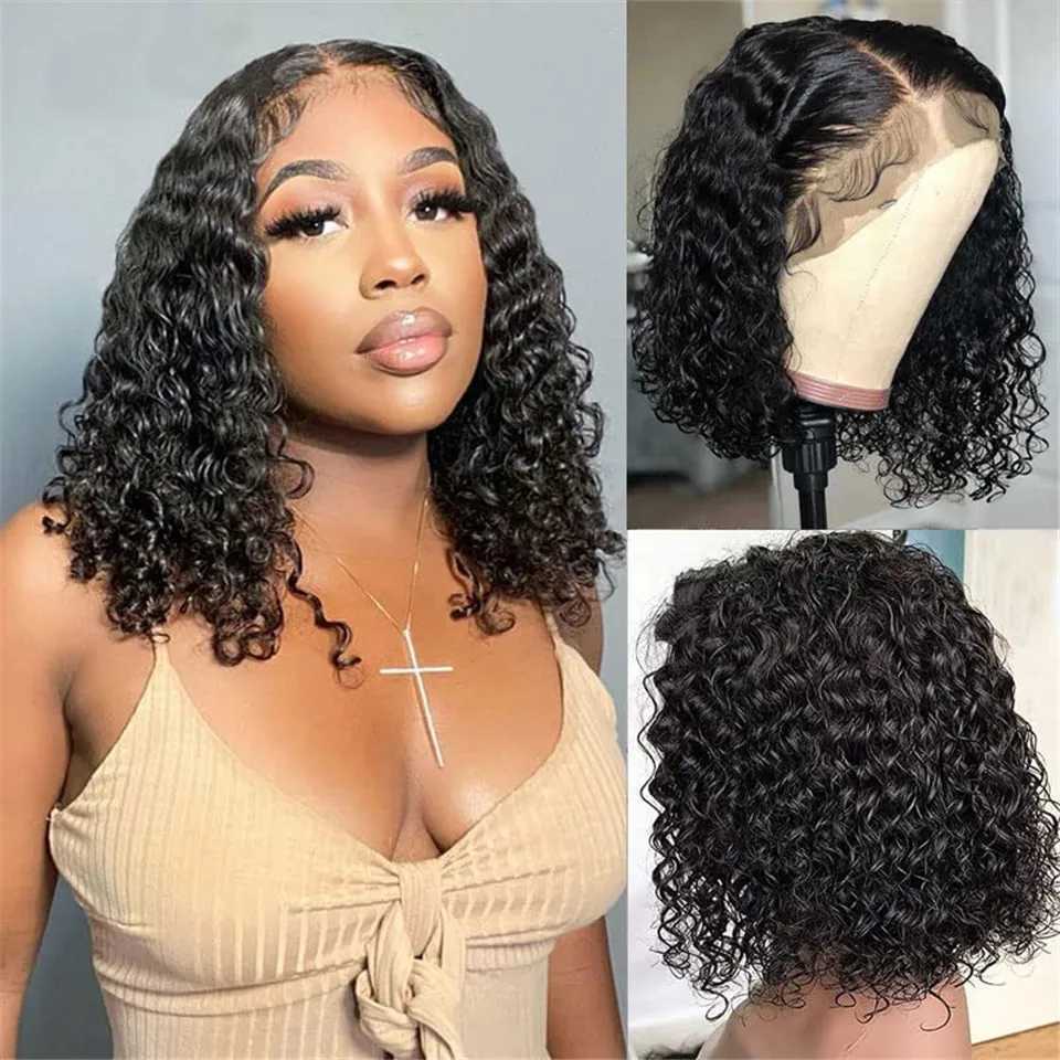 Synthetic Wigs Synthetic Wigs Brazilian Deep Wave Frontal Wig Transparent 13x4 Lace Front Human Hair Wigs for Women Deep Curly Short Bob Wig Pre Plucked 180% 240327