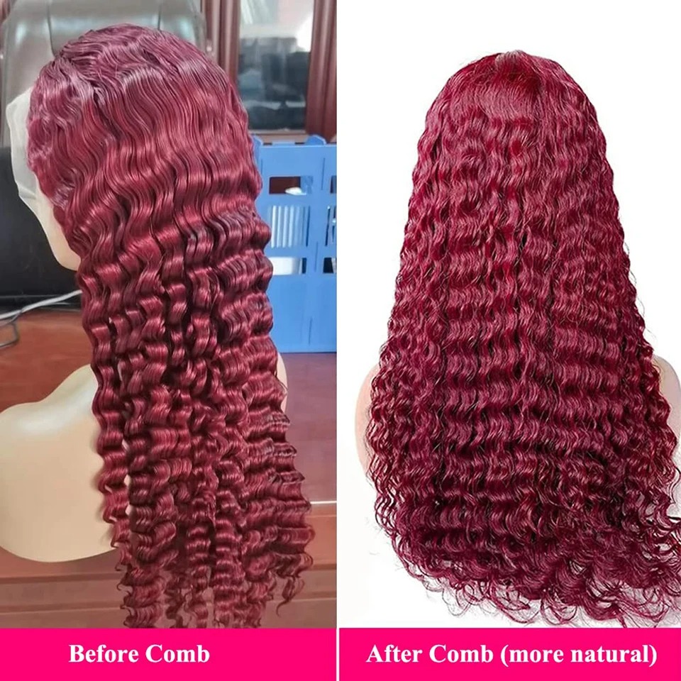 Cabelo do bebê borgonha perucas dianteiras do laço cabelo humano onda profunda 26 polegada 13x4 perucas frontais do laço transparente 99j perucas encaracoladas para preto