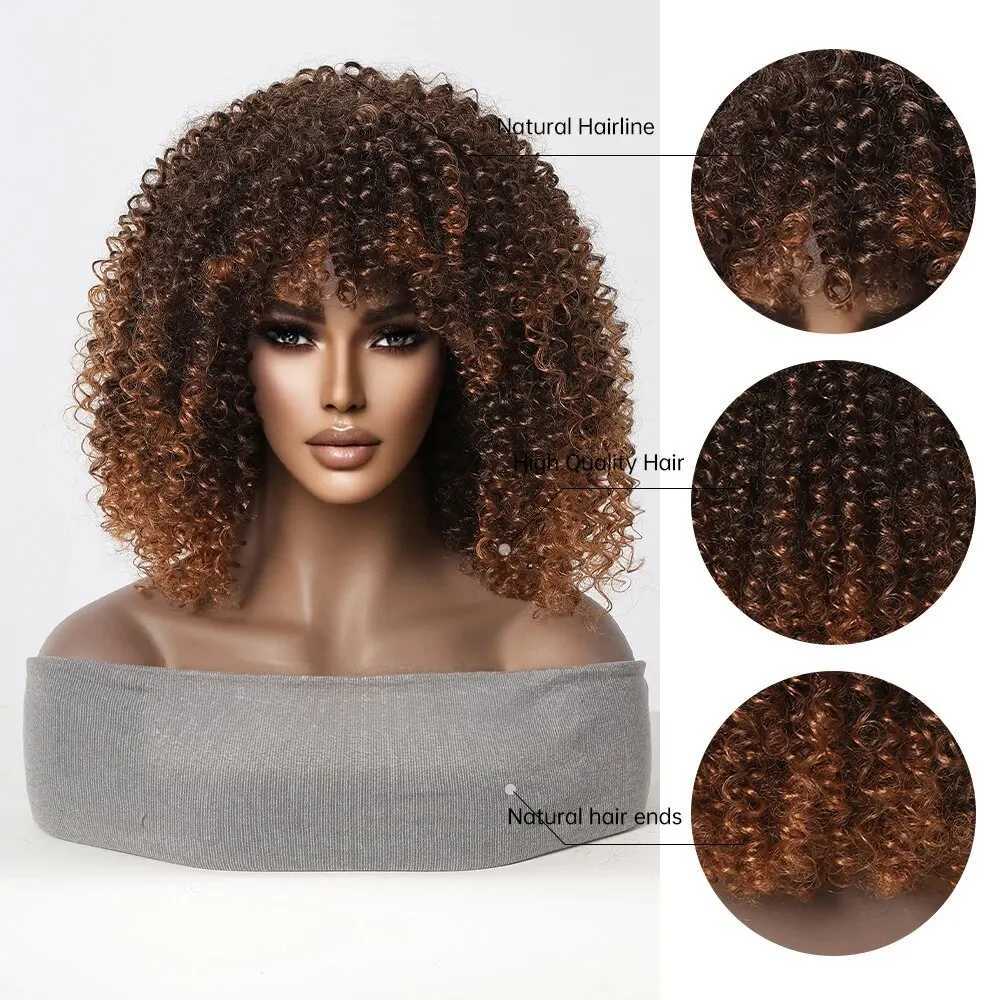 Synthetic Wigs Bounce Curly Synthetic Wigs With Bangs Dark Brown Ombre Afro Kinky Short Wigs for Women Daily Wig Use Heat Resistant Female 240329