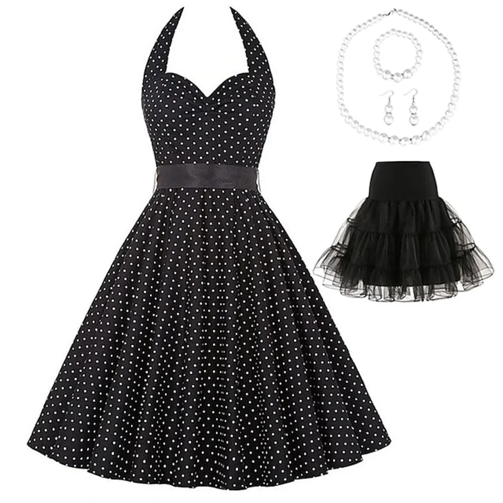 Retro Vintage 1950'ler Rockbilly Petticoat Hoop Etek A-line Elbise Tutu Flare Elbise Audrey Hepburn Parti Akşam Maskeli Yapı Elbise