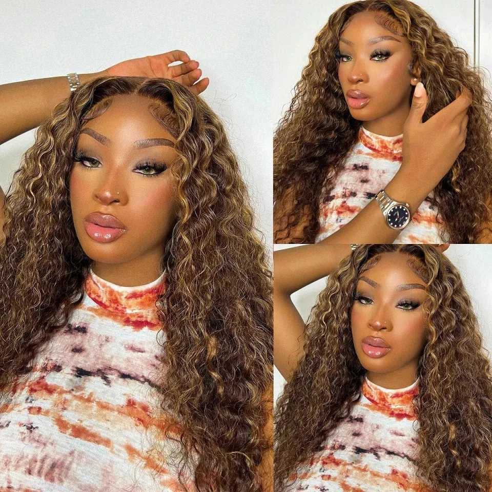 Synthetic Wigs Synthetic Wigs Highlights Honey Blonde V Part 100% Human Hair Wigs Deep Kinky Curly Ombre Golden Brown Middle /Side Jerry Curl Full U Shape Wig 240327