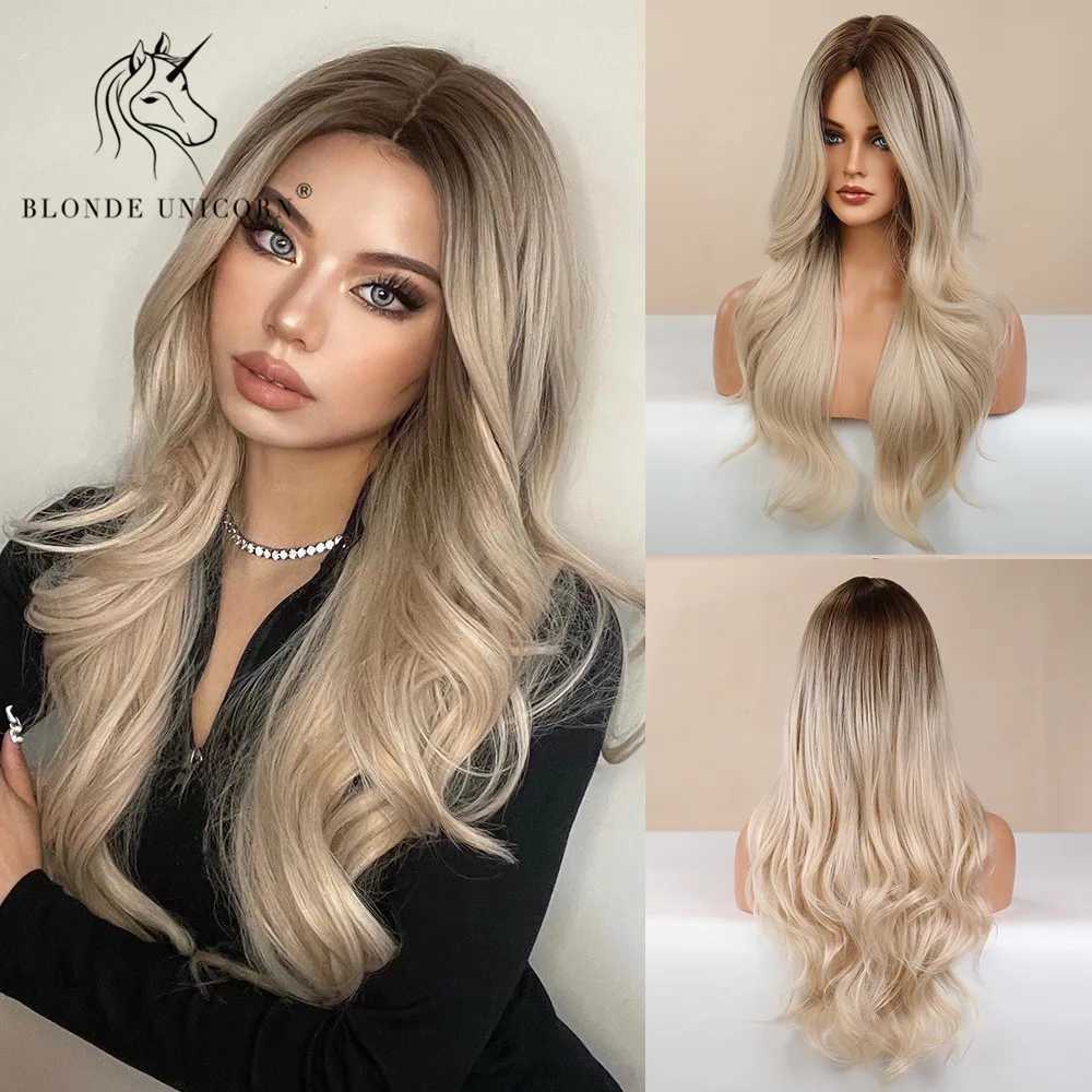Synthetic Wigs BLONDE UNICORN Synthetic Long Wavy Hair Wig Ombre Brown Light Blonde Platinum Cosplay Daily Natural Heat Resistant for Women 240329