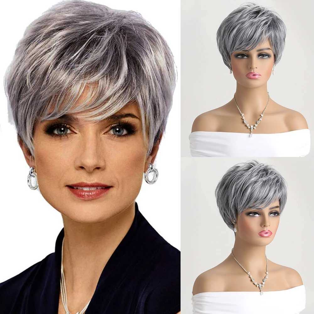 Perruques synthétiques Perruques en dentelle Cheveux synthétiques coupe courte perruque grise mélangée pour femmes perruques bouclées en couches résistantes à la chaleur avec frange pour un usage quotidien 240328 240327