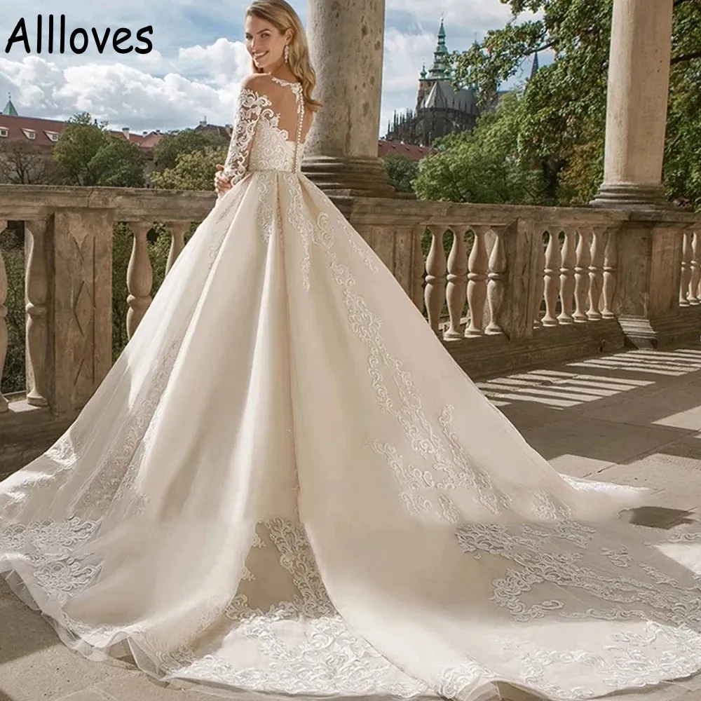 Modest Satin Princess Ball Gown Wedding Dresses With Long Sleeves Sheer Neck Lace Appliqued Bridal Dress Puffy Skirt Illusion Buttons Back Vestidos De Novia YD