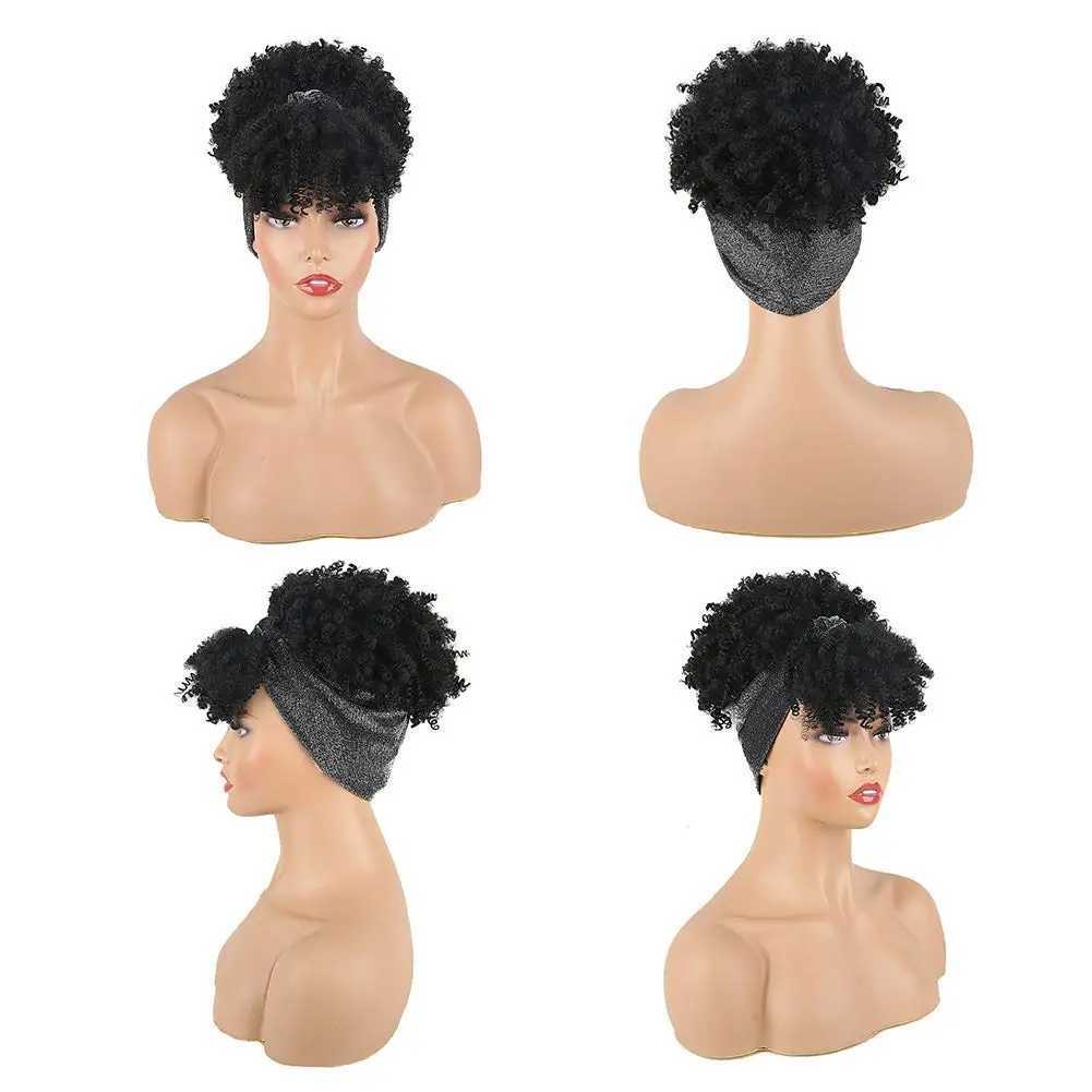 Syntetyczne peruki Cosplay Peruki kręcone peruki dla czarnych kobiet z grzywką Wrap Perukę 2 w 1 syntetyczna krótka afro Kinky Curly Peruka z podłączoną opaską 240327