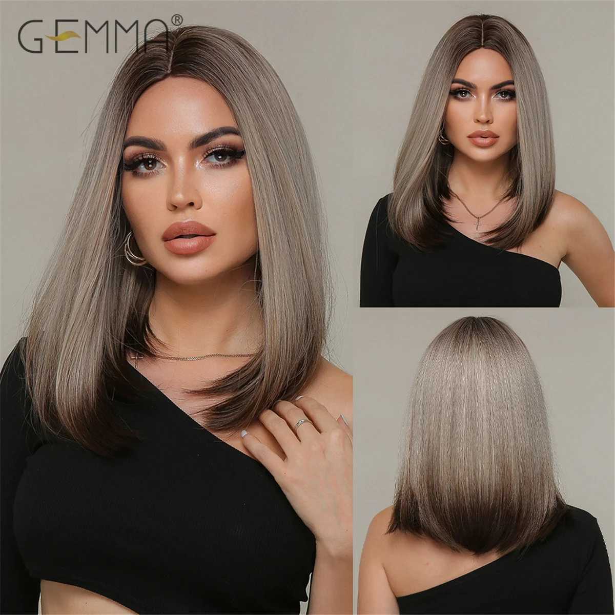 Pelucas sintéticas GEMMA Pelucas sintéticas largas y rectas para mujer Peluca con reflejos platino marrón omber con raíces oscuras Cosplay cabello resistente al calor 240328 240327