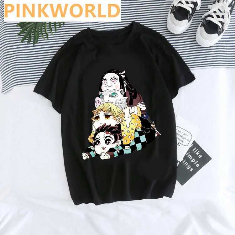 Camiseta para mujer Anime japonés Dibujos animados Divertido Fashioin Camiseta para mujer Camiseta estampada para mujer Camiseta casual Cuello redondo Camisa negra Manga corta T-shirtL2403