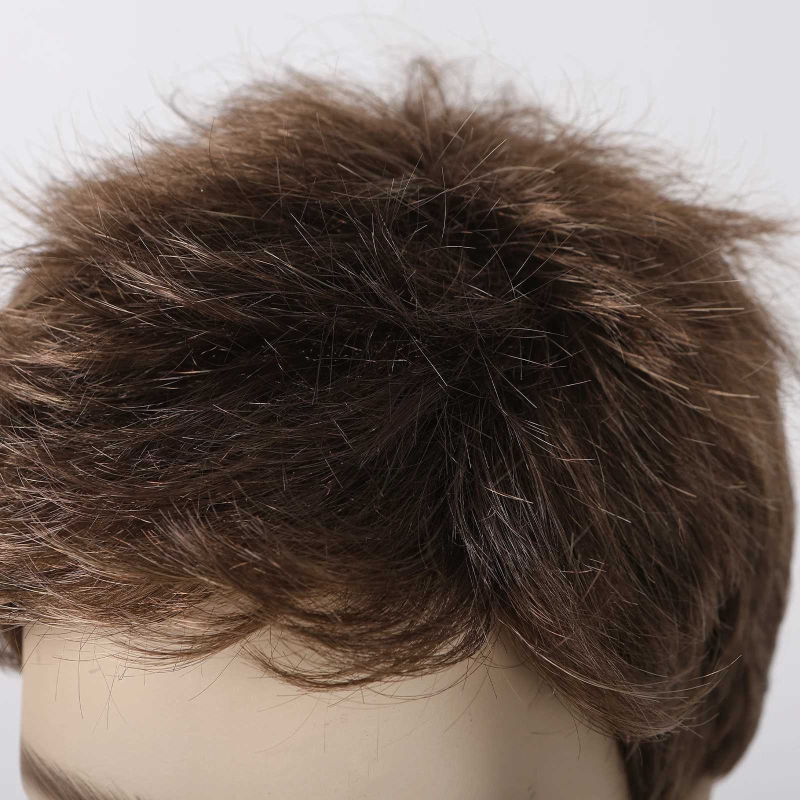 Syntetiska peruker Dark Brown Mens Wig Short Bob Pixie Cut Natural Fluffy Hair Brown Layered Wigs Low Temperatur Fiber For Mane Daily Date Party 240329