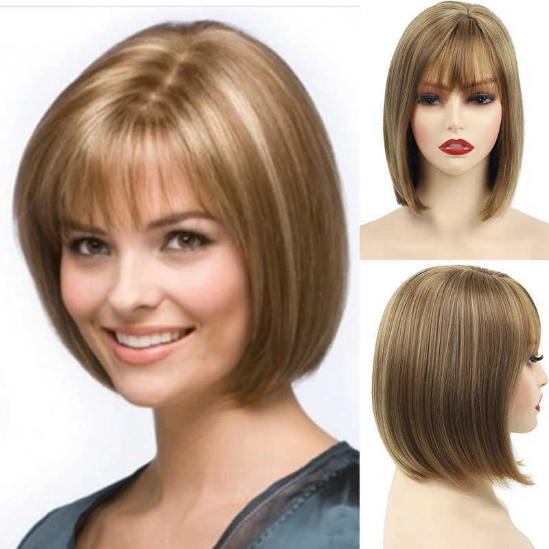 Perruques synthétiques Femmes perruque synthétique avec frange soie droite brun blond Bob cheveux réel à la recherche de perruques de fête pour jeune femme 240329