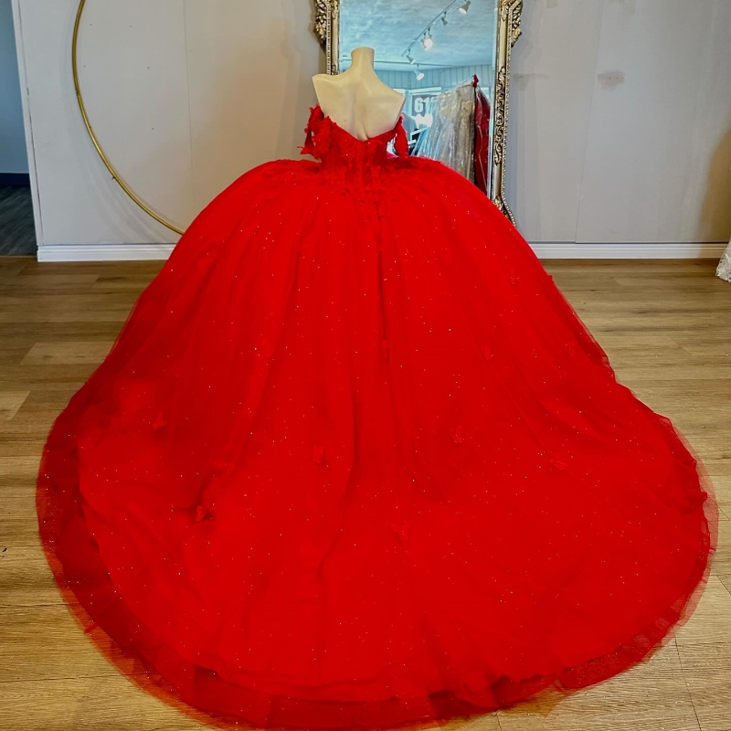 Röd glänsande bollklänning quinceanera klänningar från axel spetspärlor bow tull vestido de 15 anos sweet 16