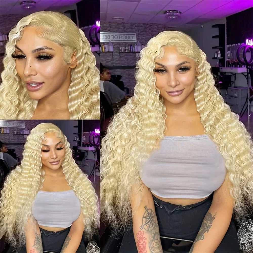 Synthetic Wigs Synthetic Wigs 613 Deep Wave Lace Front Wig Blonde colored human hair wigs Brazilian 13x4 Transparent Curly Wigs 240328 240327